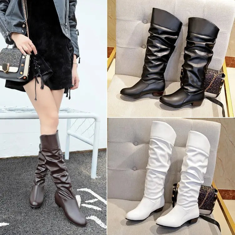 Autumn and Winter New Knee High Boots Women Designer Heel High Black Boots Women's Leather Boots Plus Size 35-43 Botas De Mujer