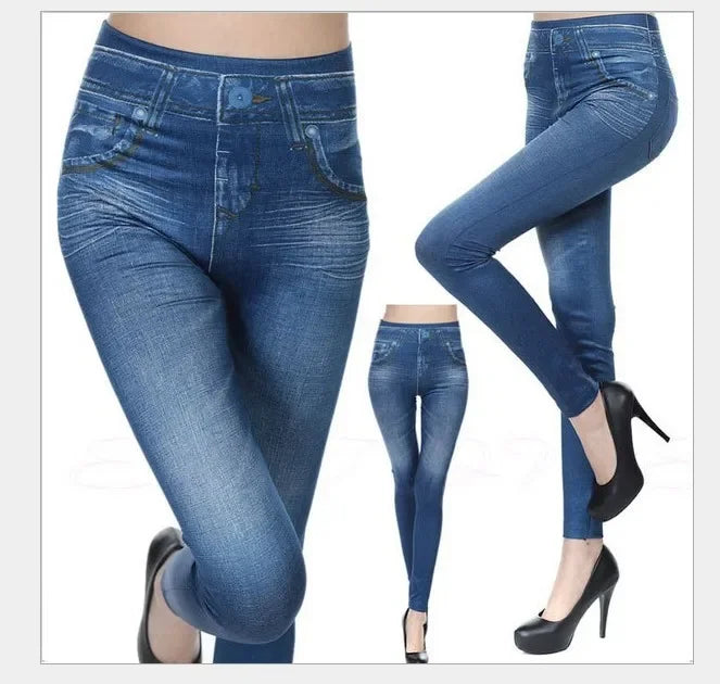 2025 Slim Women Workout Leggings Faux Denim Jeans Leggings Fashion Fitness Leggings High Waist Pencil Plus Size Pants for Women