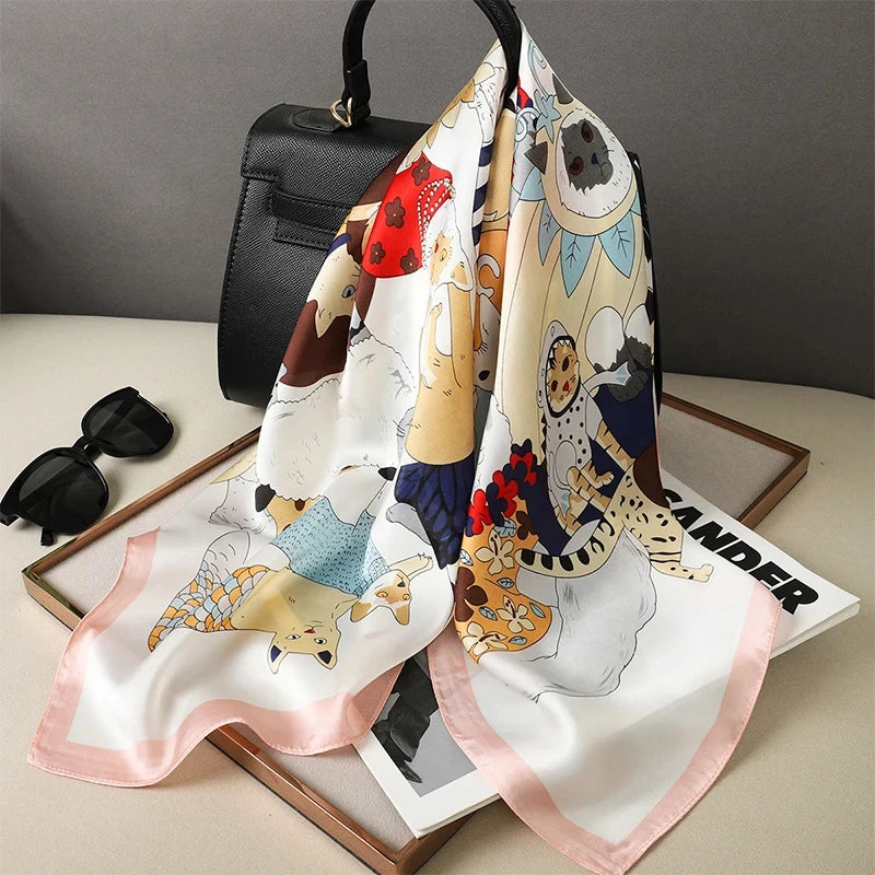 2025 Luxury 70cm Silk Square Scarf Women Print Satin Neck Tie Female Hair Wrist Bandana Headkerchief Shawl Wrap Hijab Echarpe