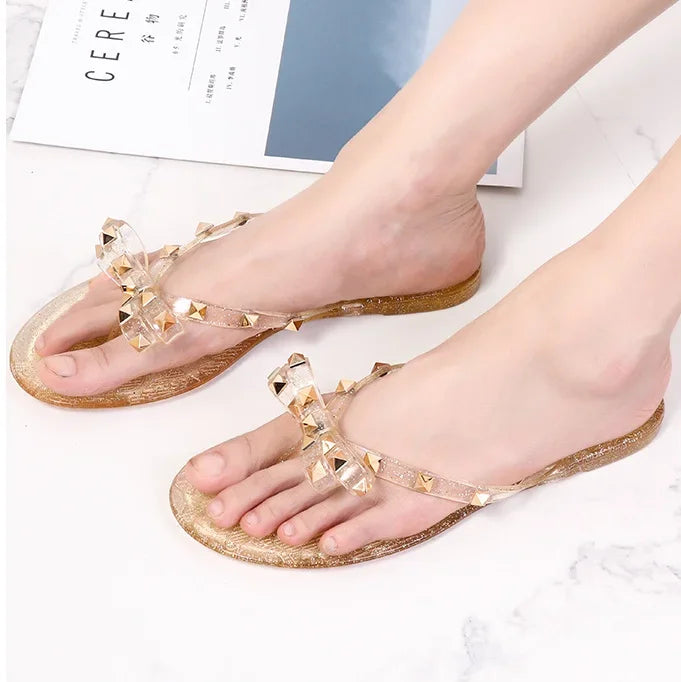 Women Low Pricing  Jelly Shoes Rivets Studs Bow-Knot Leisure Daily Flip-Flops For Raining Days Anti-Slip Flat Slippers Zoris 36