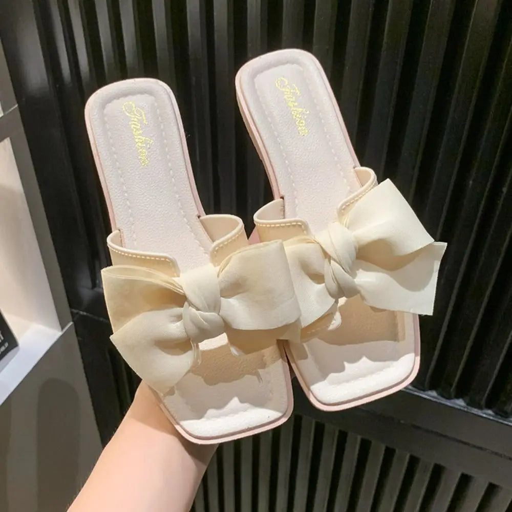 Elegant Soft Sole Bowknot Slippers Anti Slip PVC Flat Slides Sandals Beachwear Sweet Slippers Women Ladies