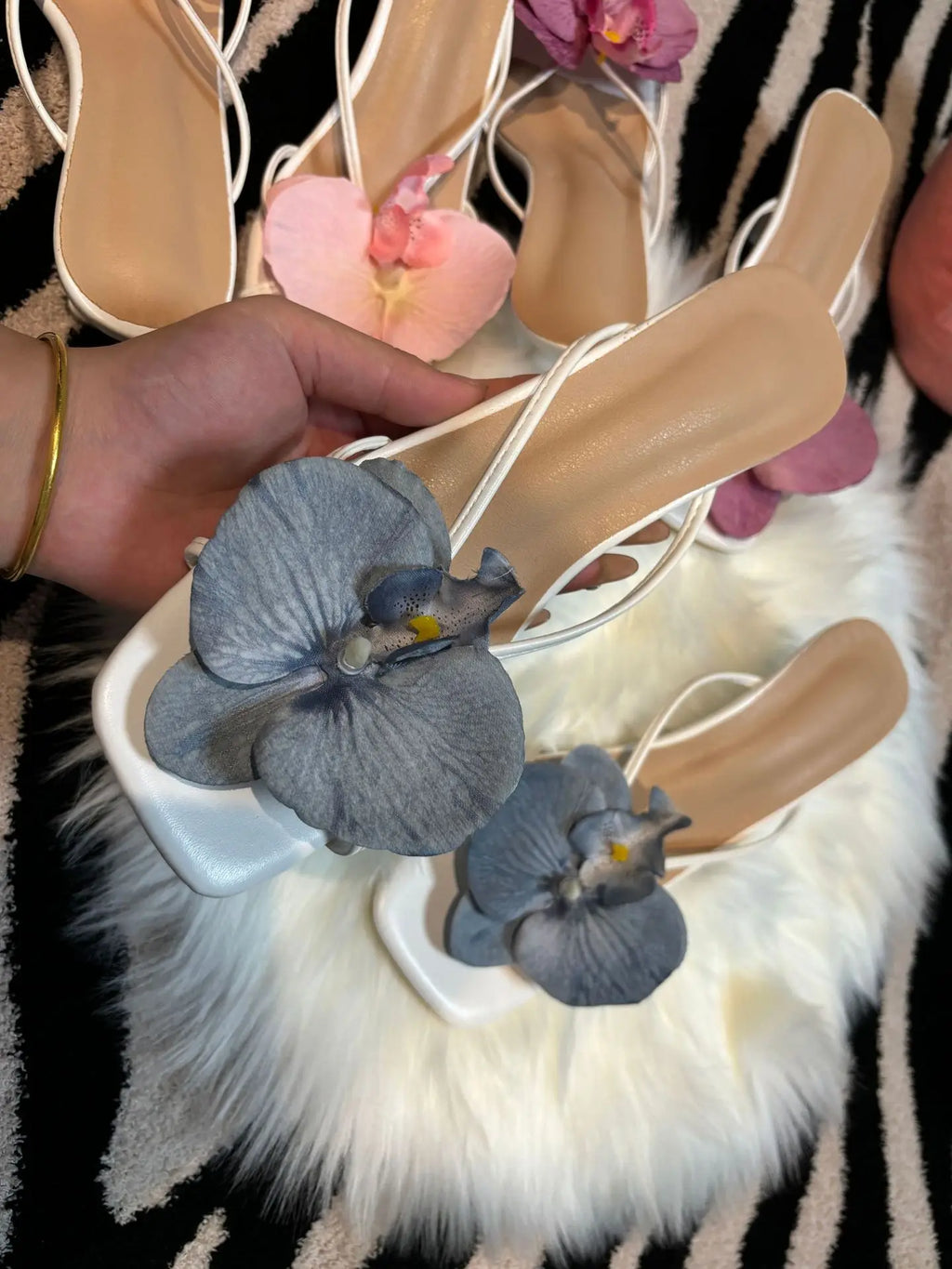 Orchid Flower Summer New High Heeled Women White Pink Blue Purple Floral Heels Square Toe Prom Slipper Slingback Shoes for Women