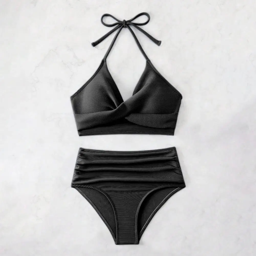 Bikini Set with Pleated Design 2pcs Summer Bikini Set with Padded Halter Bra Pleated High Waist Swimming Trunks Solid for Women