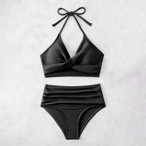 Bikini Set with Pleated Design 2pcs Summer Bikini Set with Padded Halter Bra Pleated High Waist Swimming Trunks Solid for Women