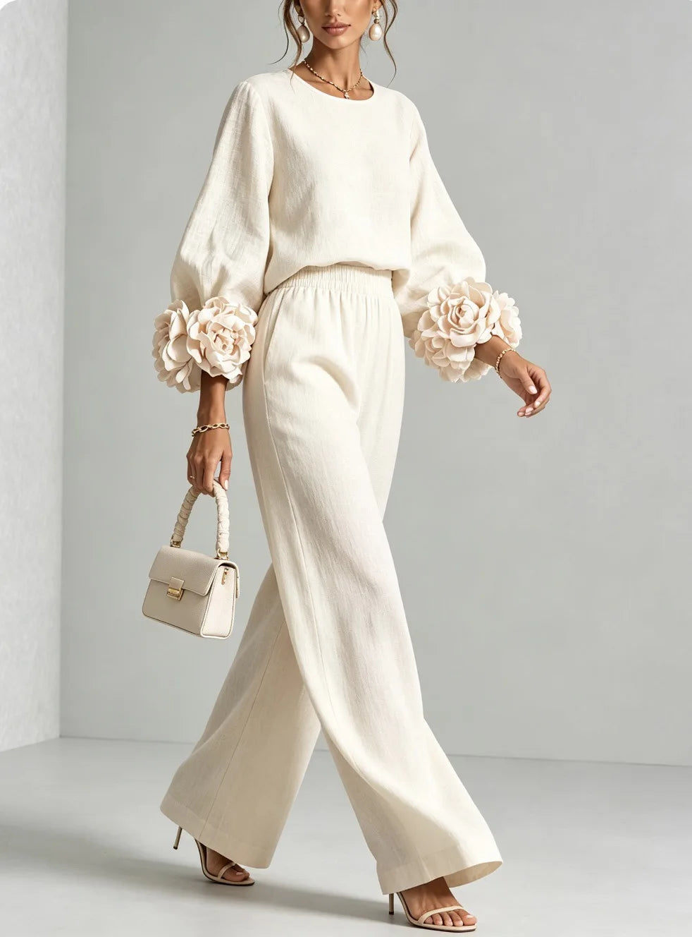 Women 2 Piece Outfit O Neck Puff Long Sleeve Top 3D Floral + Elastic Waist Wide Leg Pants Set Autumn Elegant Casual Office Suit