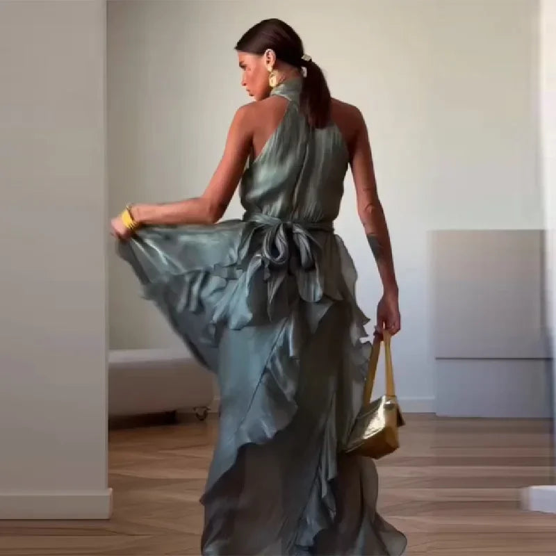 Elegant Halter Neck Satin Maxi Dresses For Women Ruffle Hem Pleated Waist Formal Evening Gown 2026 Vacation Vestidos