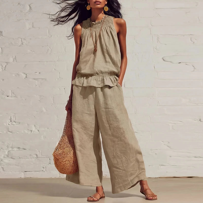Summer Cotton Linen Solid Color Sleeveless Vest Top Women Pants Suit Casual Pocket Elegant Female Office Retro 2 Piece Set