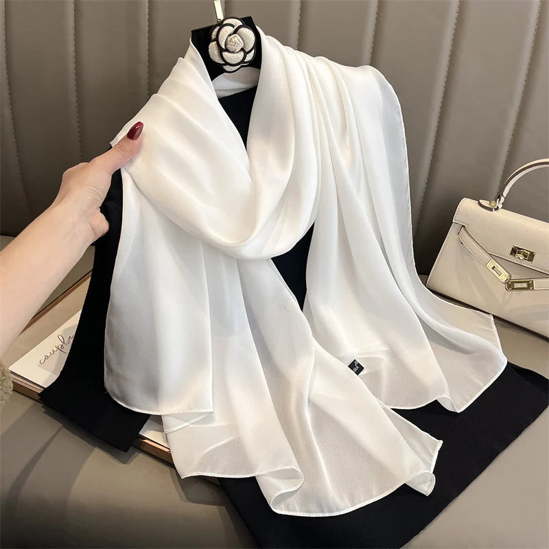 2024 Luxury Brand Silk Scarf for Women Large Shawl Wrap Headband Solid Design Hijab Beach Stoles Female Foulard Echarpe Bandana