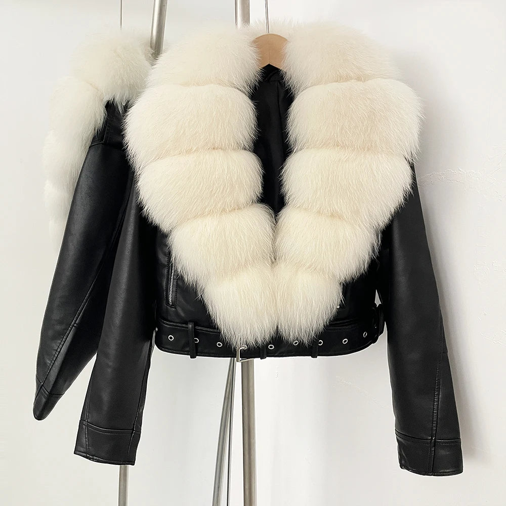 Elegant Faux Leather Jacket Female New Natural Fox Fur Autumn Short Top Clothing PU Women Long Sleeve Fake Leather Real Fur Coat