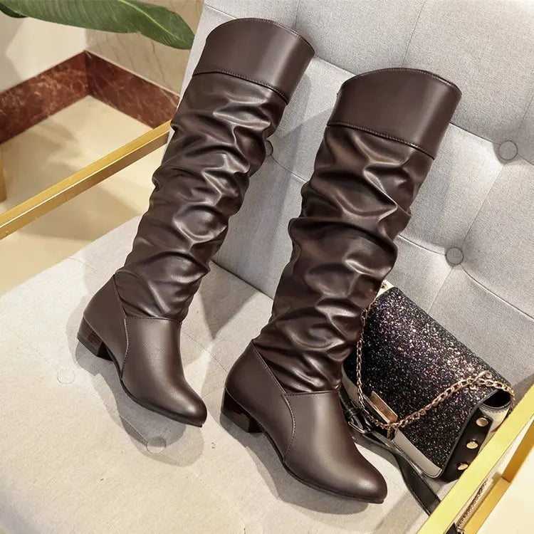 Autumn and Winter New Knee High Boots Women Designer Heel High Black Boots Women's Leather Boots Plus Size 35-43 Botas De Mujer