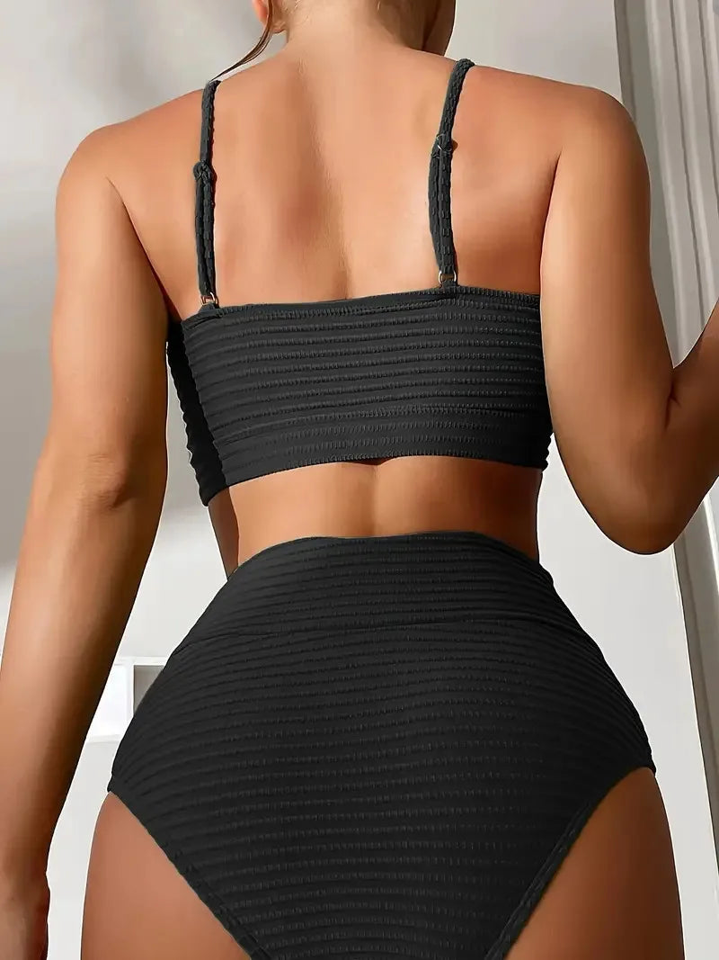 High-Waist Sexy Striped Bikini Swimsuit Women's Two-Piece Swimwear Thickened Polyester Fabric with Chest Pad No Steel Support