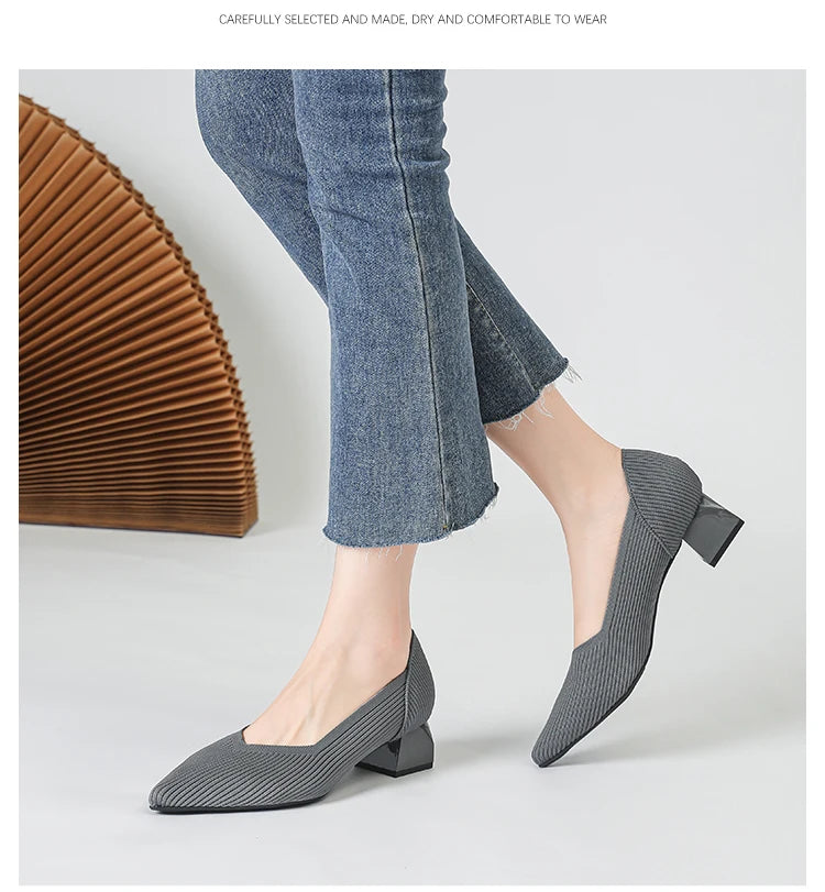 2026 New Women's High Heels Large 42/43 Fashion Pointed Anti slip Rubber Bottom Knitted Breathable Shoes