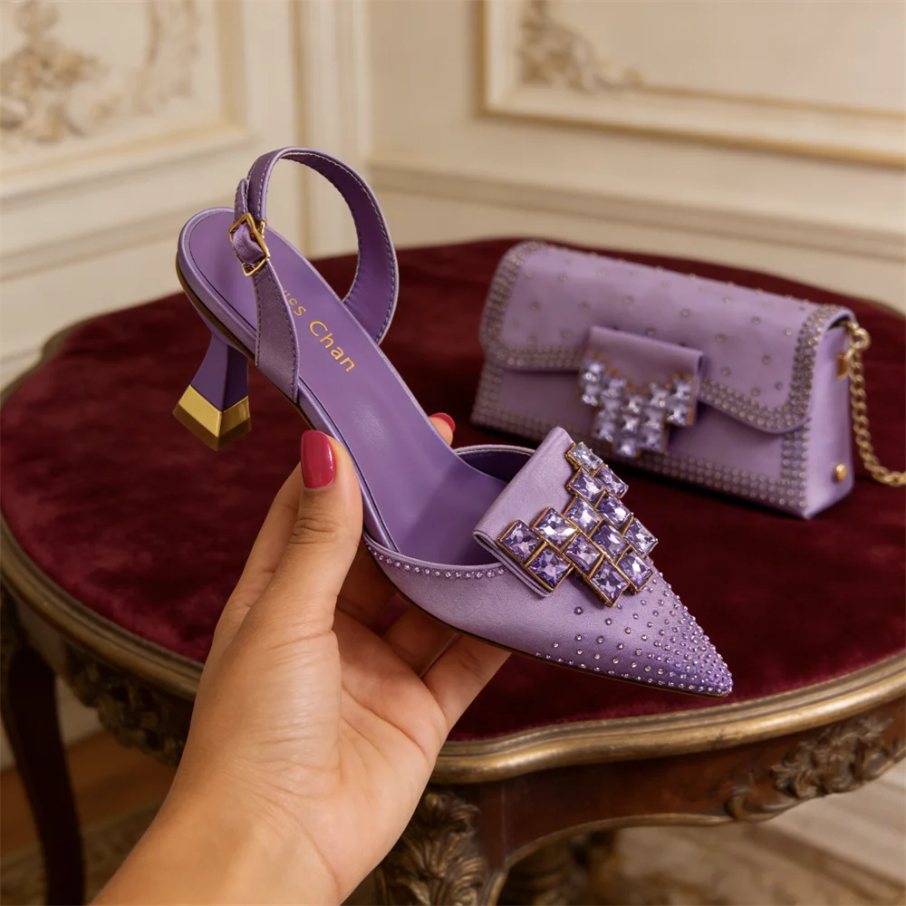 Venus Chan 2026 INS Italy Elegant Rhinestone Pointed Toe High Heels & Matching Bag Set - Perfect for Women's Parties & Weddings
