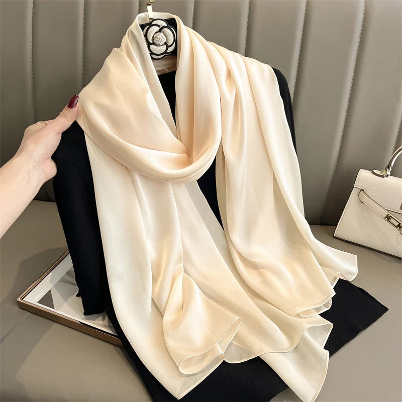 2024 Luxury Brand Silk Scarf for Women Large Shawl Wrap Headband Solid Design Hijab Beach Stoles Female Foulard Echarpe Bandana