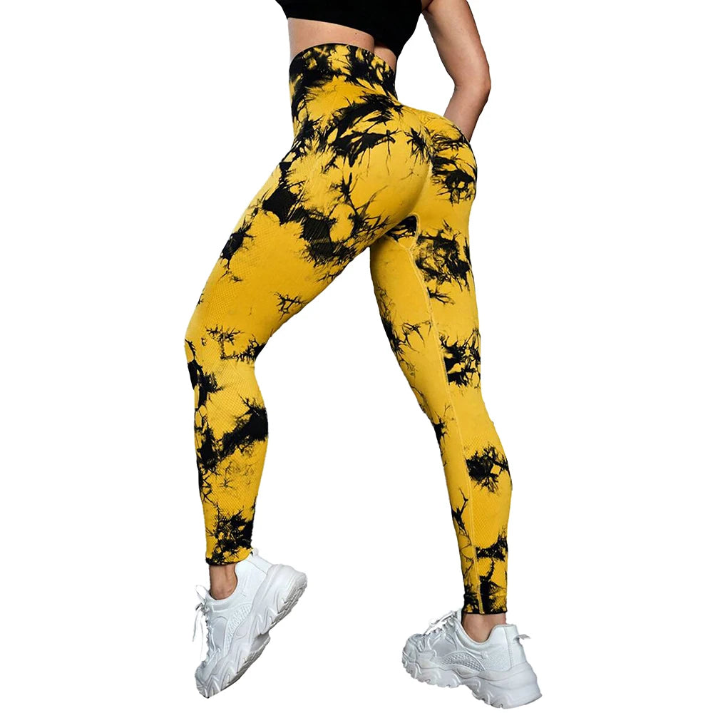 Women's High Waist Seamless Yoga Pants, Tie Dye Print Peach Shaped Butt Lifting Leggings for Running Fitness Workout