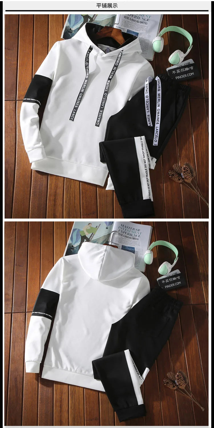Autumn Unisex Korean Color Block Hooded Two Piece Tracksuit Letter Print Drawstring Hoodie Jogger Pants Loose Hip Hop Student Da