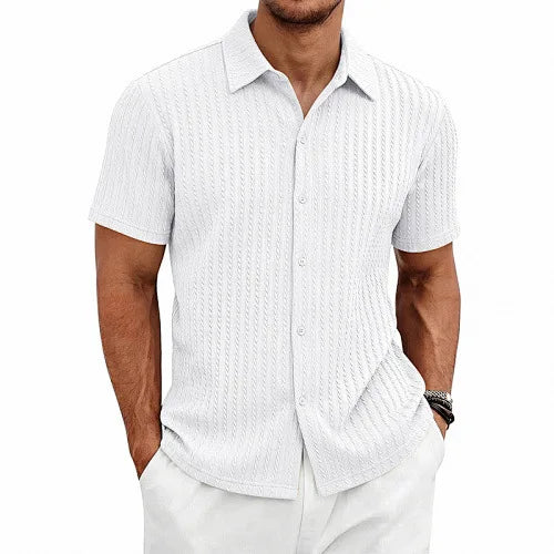 European and American Men's Casual Jacquard Shirt Men's Summer Solid Color Lapel Breathable Men's Short-Sleeved Shirt Top