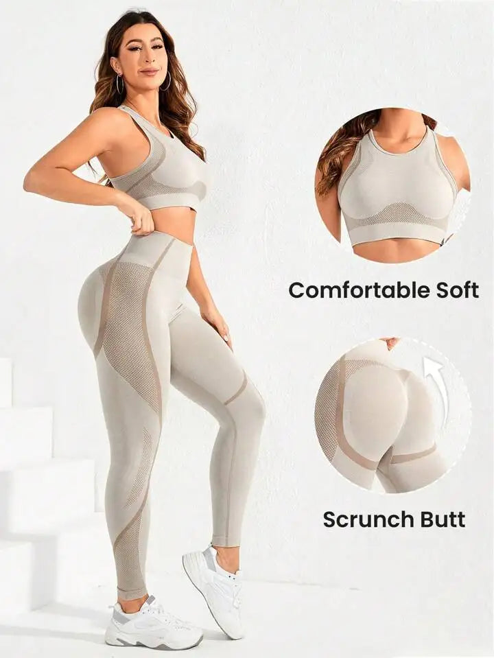 2-Piece Suit, Women's Yoga Suit, Beautiful Back High Waist Trousers Combination, Seamless Super Elastic Ideal Gym Clothing