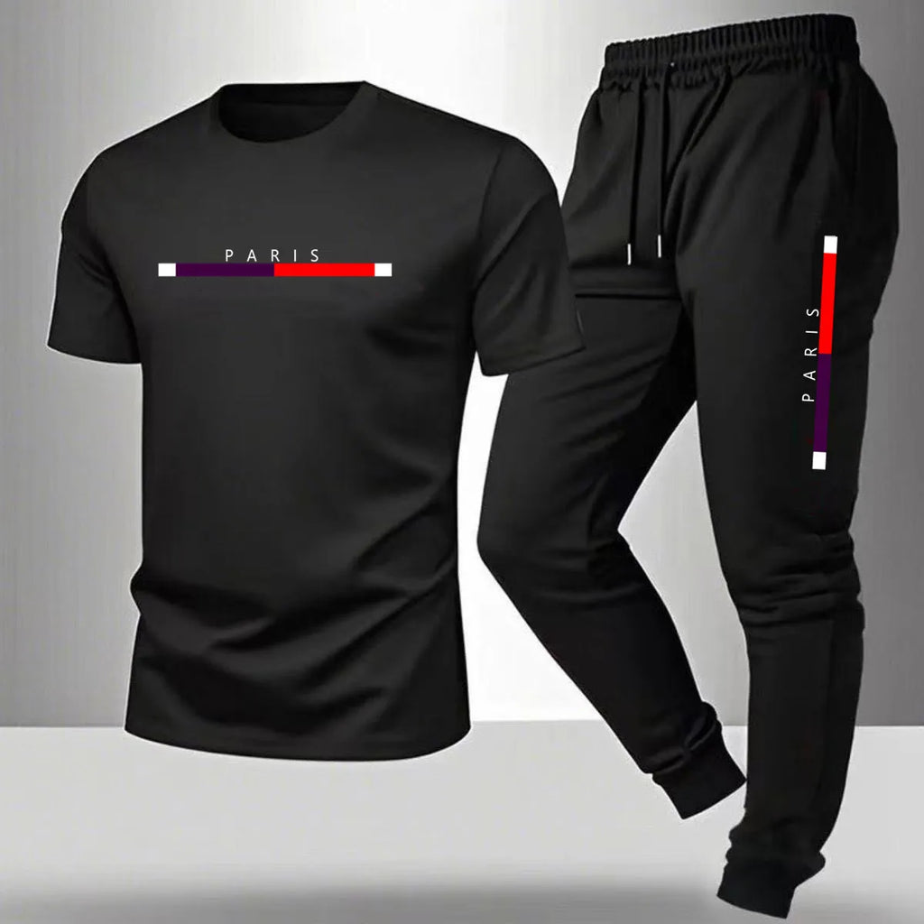 Men's casual sports outfit, printed round-neck short-sleeved T-shirt and long pants, suitable for outdoor wear.