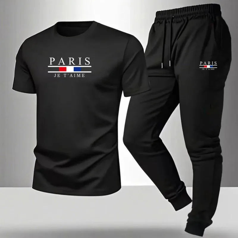 Men's casual sports outfit, printed round-neck short-sleeved T-shirt and long pants, suitable for outdoor wear.