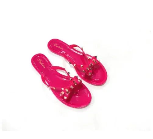 Women Low Pricing  Jelly Shoes Rivets Studs Bow-Knot Leisure Daily Flip-Flops For Raining Days Anti-Slip Flat Slippers Zoris 36