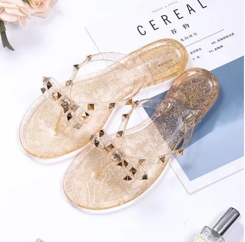 Women Low Pricing  Jelly Shoes Rivets Studs Bow-Knot Leisure Daily Flip-Flops For Raining Days Anti-Slip Flat Slippers Zoris 36