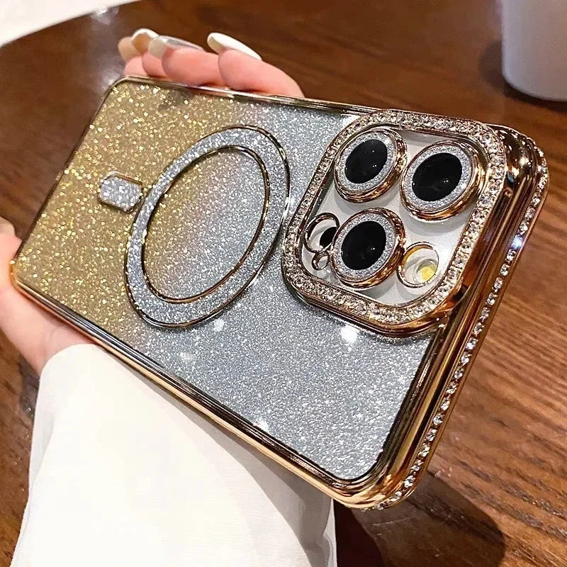 Plating Glitter Diamond Rhinestone Magnetic Wireless Charging Case for IPhone 17 Air 16 15 14 13 12 Pro Max Soft Silicone Cover