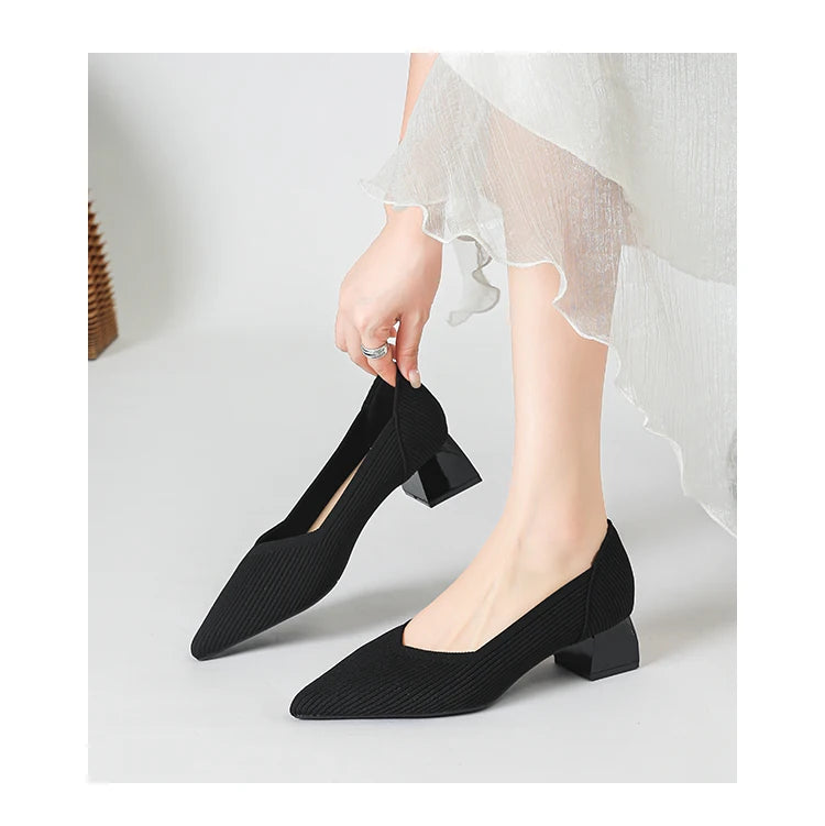 2026 New Women's High Heels Large 42/43 Fashion Pointed Anti slip Rubber Bottom Knitted Breathable Shoes