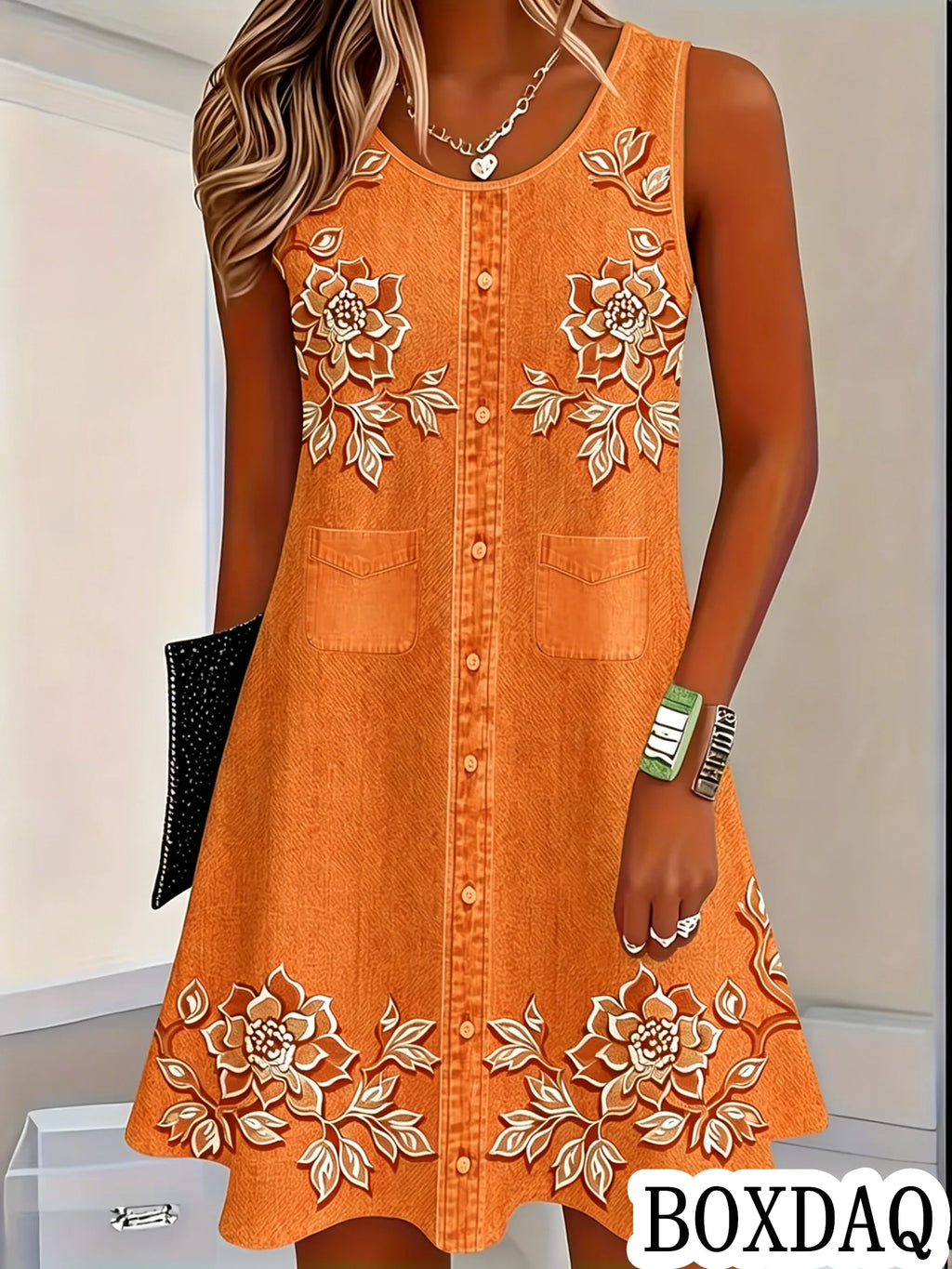 Women Vintage Pattern Flowers Print Dresses Summer Fashion Sleeveless Dress Casual Sundress Beach Loose Dress