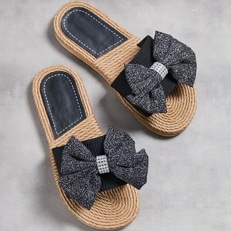 Female Summer Slippers Artificial Straw Sole Shoes Lady Summer Indoor Flat with Flip Flops Stitching Floral Women Slippers