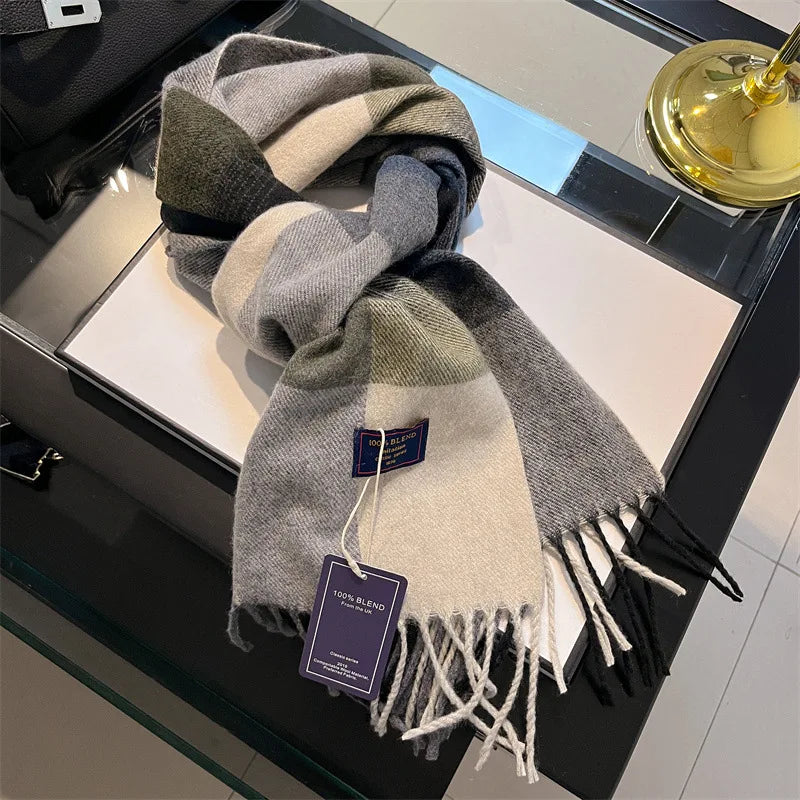 Faux Cashmere Plaid Scarf British Classic Style Light Luxury Unisex Warm Winter Autumn Neck Wrap for Couple