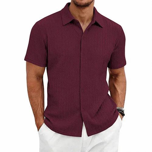 European and American Men's Casual Jacquard Shirt Men's Summer Solid Color Lapel Breathable Men's Short-Sleeved Shirt Top