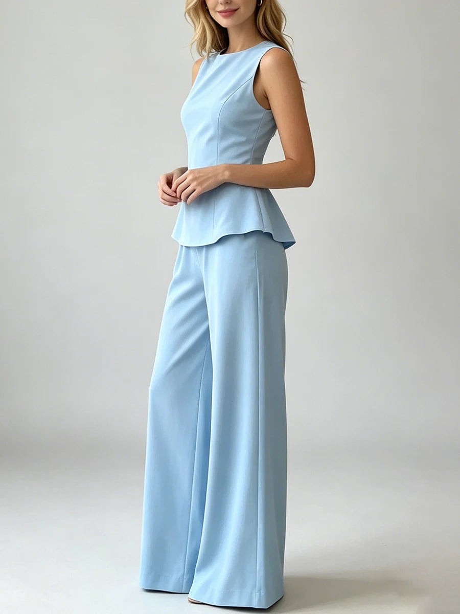 2026 Women Elegant Back Tie Sleeveless Peplum Top + Wide Leg Pants 2 Piece Casual Set