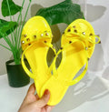 Ladies Leisure Waterproof Shoes Summer Zoris Slippers In Flats Clear Yellow Flip-Flops With Gold Stud Bow-Knot PVC Slides 36-42