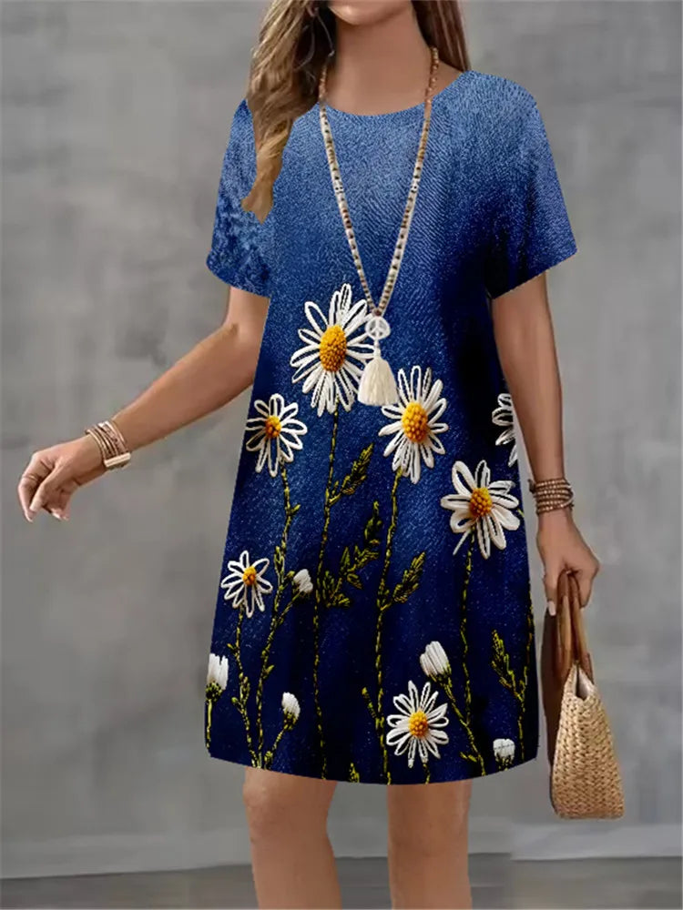 Women's Summer Short Seeved Round Neck Casual Mini Dress Vintage 3D Imitation Denim Printed Dress Elegant Women's Dress Vestidos