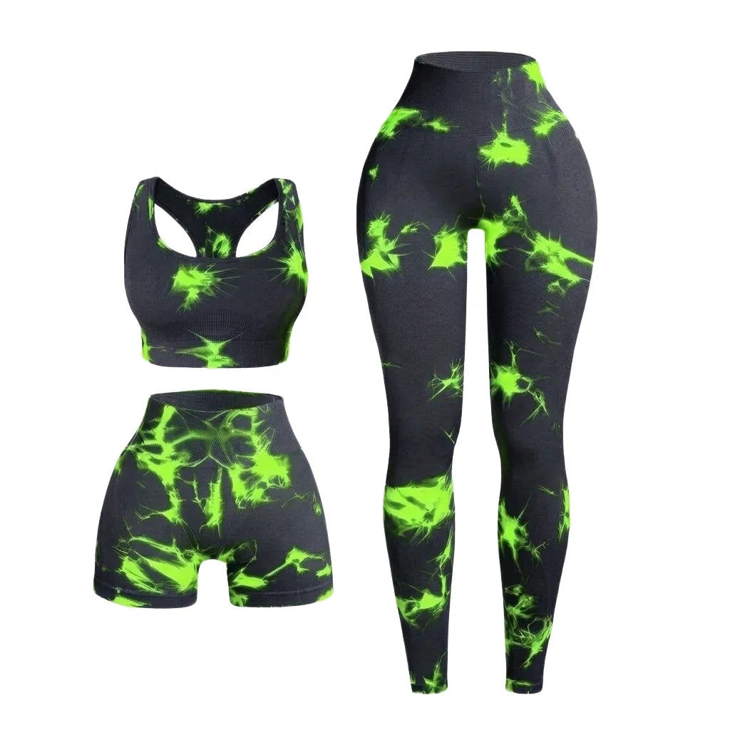 Body Contouring 3 Piece Seamless Yoga Set V-Shape High Waist Leggings Tiger Stripe Sports Bra and Shorts Fitness Wear