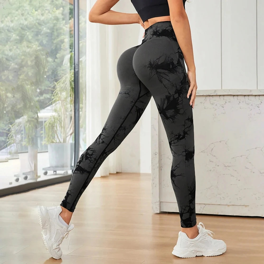 Women's High Waist Seamless Yoga Pants, Tie Dye Print Peach Shaped Butt Lifting Leggings for Running Fitness Workout