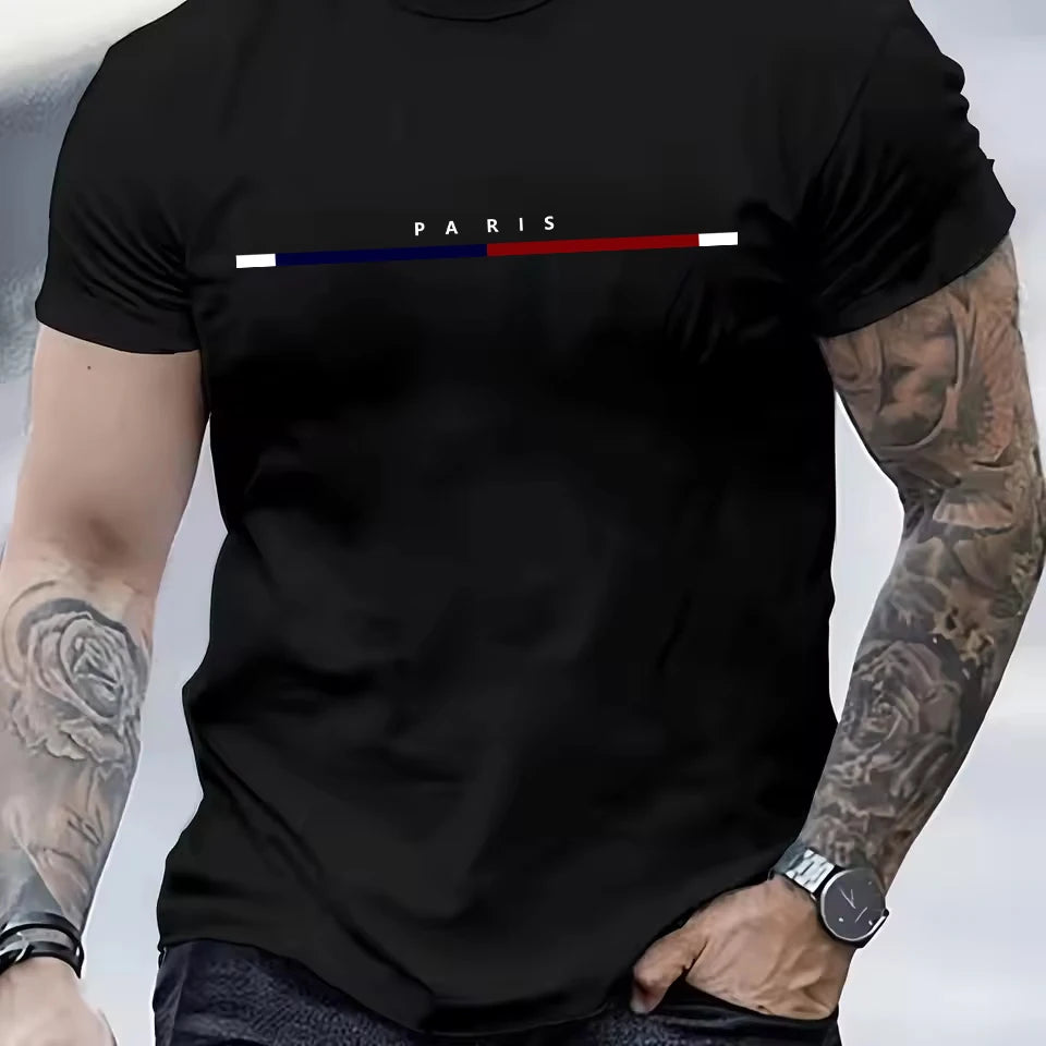 2026 Hot Sale Men's 100% Cotton Summer Loose PARIS Creative Letter Print Casual Slim Fit Round Neck Short Sleeved T-shirt Top