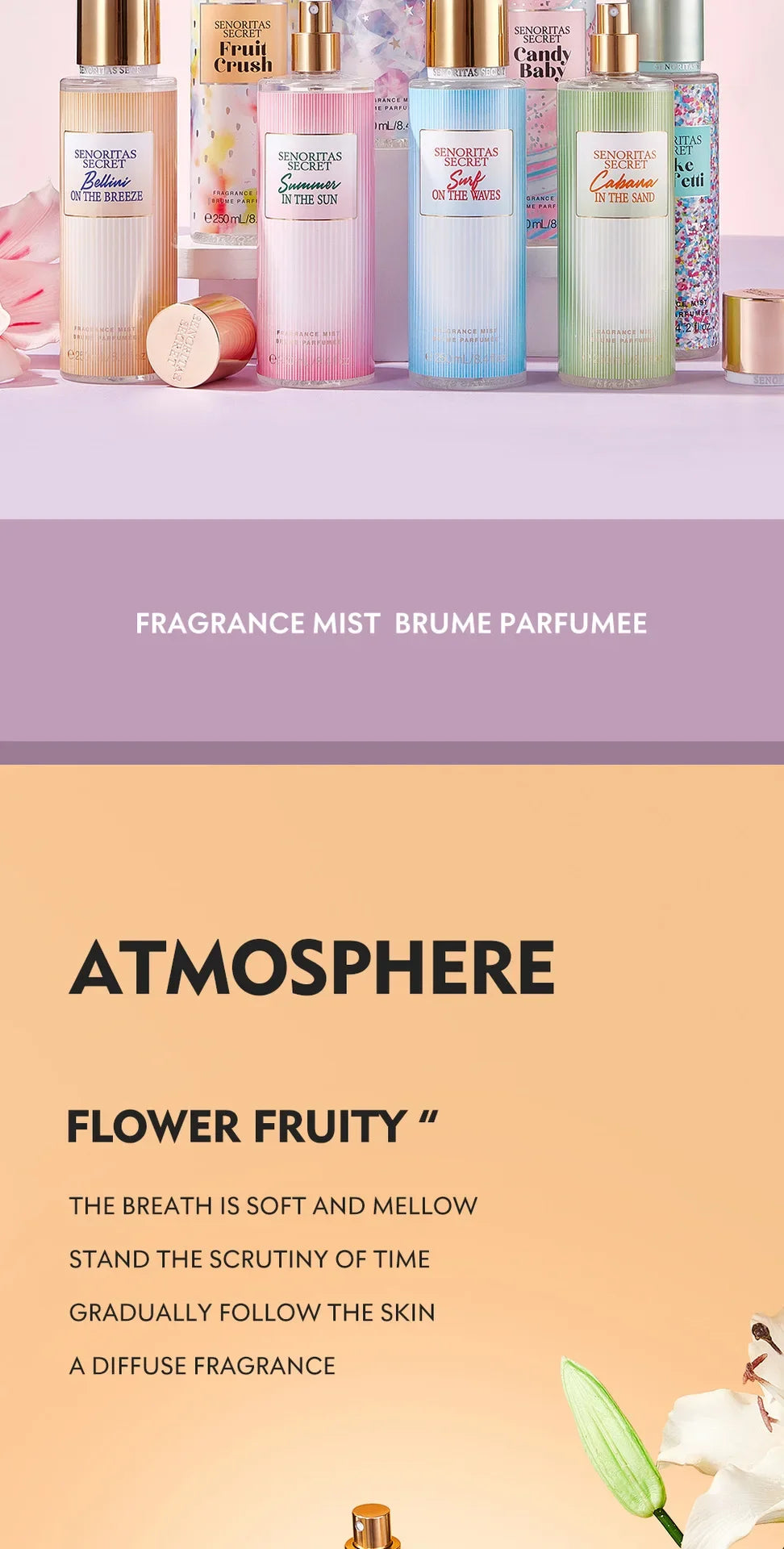 Body Spray Women's  Fragrance Floral and Fruit Tone Lasting Fragrance Thailand's 250ml