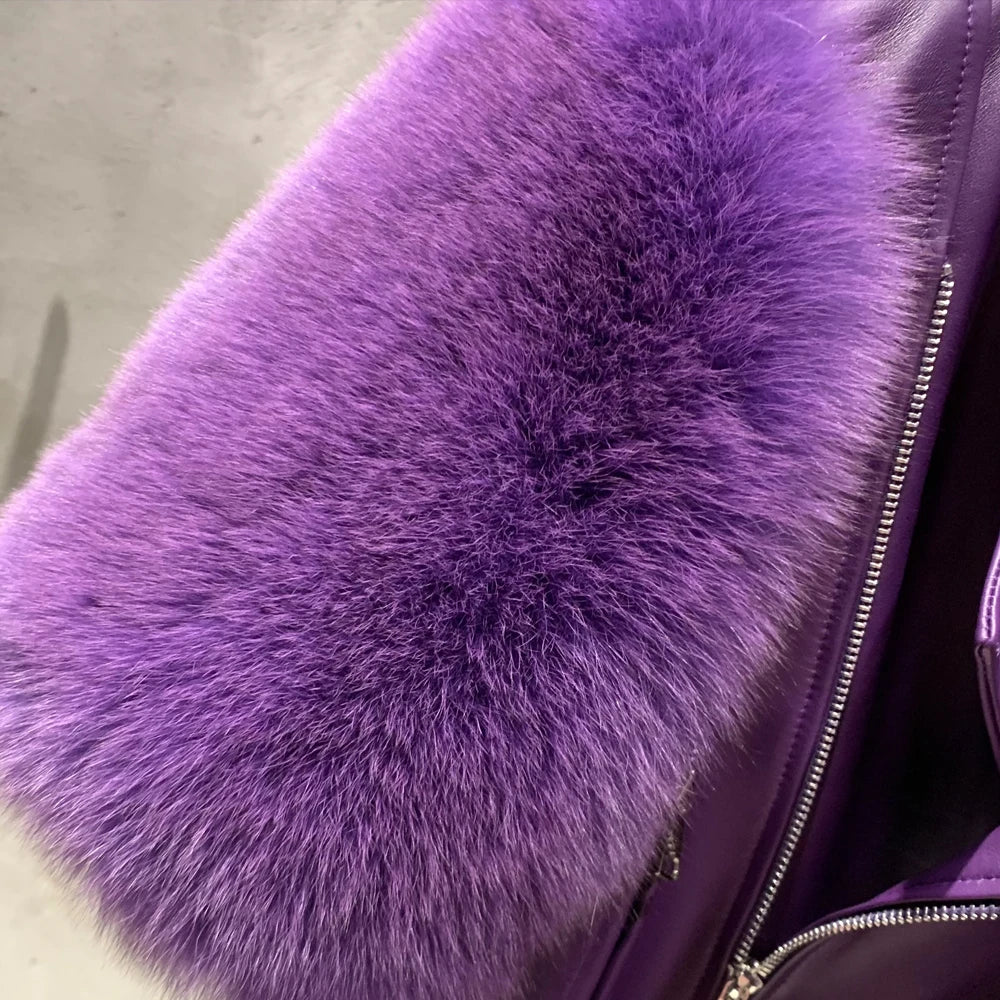 Leather Fur Jacket Natural Fur Sleeve Ladies Short Leather Jacket Real Fox Fur Sleeve Coat Women Autumn 21001-1