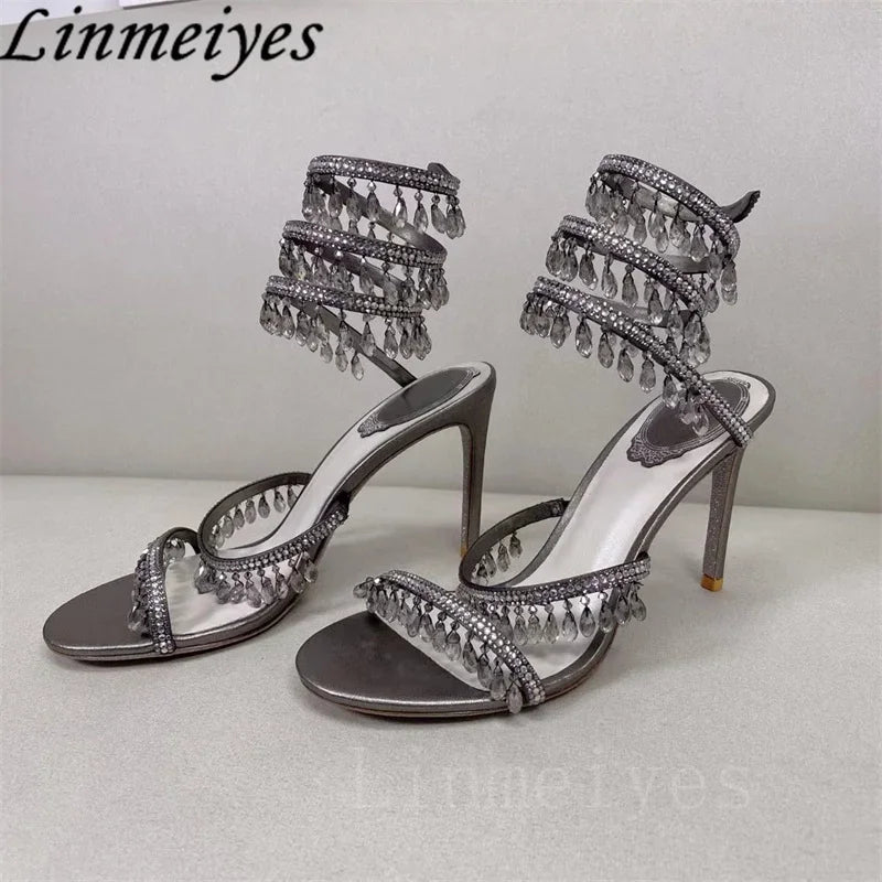 Summer High Heels Sandals Women Rhinestone String Bead Ankle Snake Twine Around Wedding Shoes Lady Gladiator Sandals Woman
