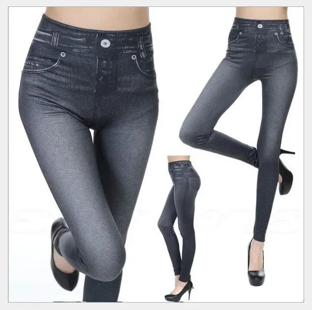 2025 Slim Women Workout Leggings Faux Denim Jeans Leggings Fashion Fitness Leggings High Waist Pencil Plus Size Pants for Women