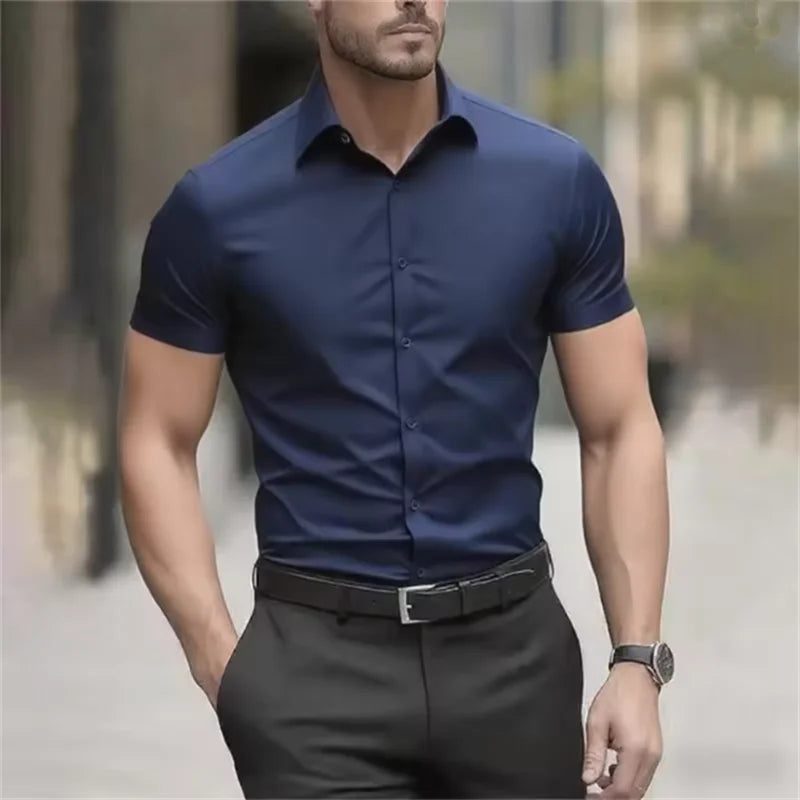 Men's Summer Business Shirt Short Sleeve Stretch Fabric Black Without Pocket Slim Fit Male Social Dress Shirt High Quality 5XL