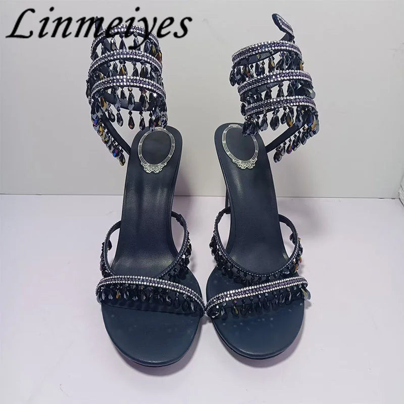 Summer High Heels Sandals Women Rhinestone String Bead Ankle Snake Twine Around Wedding Shoes Lady Gladiator Sandals Woman
