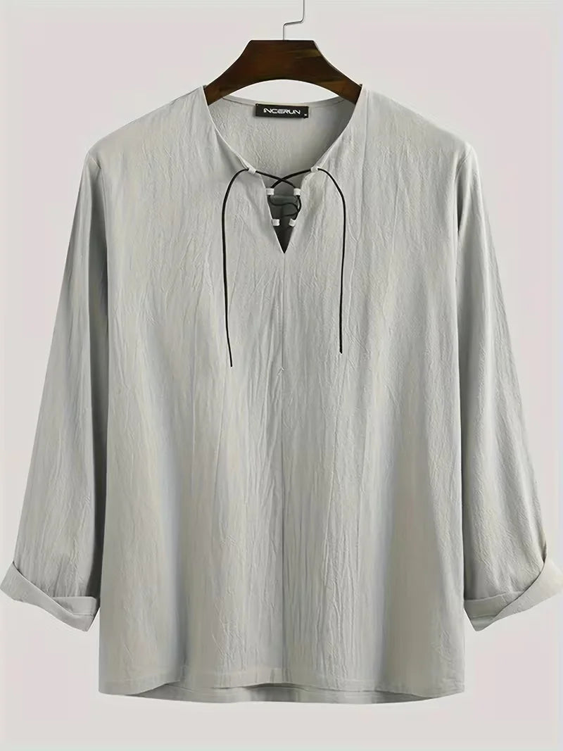 Men's Medieval Pirate Shirt - Historical Renaissance Faire Costume with V-Neck, Lace-Up Collar & Adjustable Drawstring Waist - L