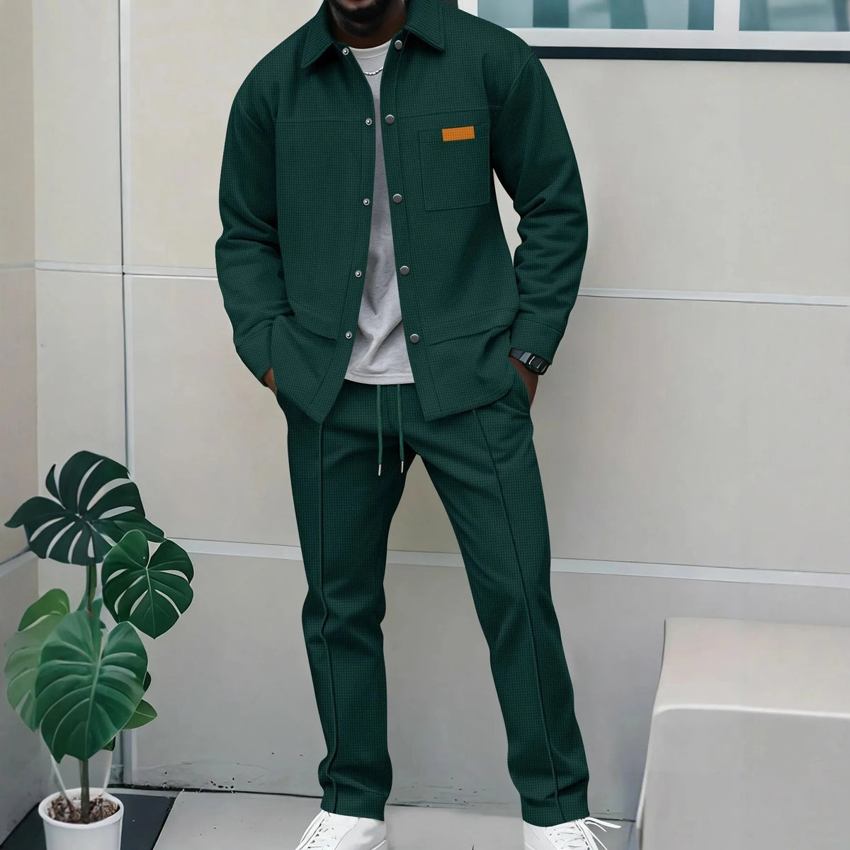Men's Waffle Knit 2-Piece Tracksuit Button Down Jacket & Drawstring Pants Set Casual Streetwear Outfit with Chest Patch