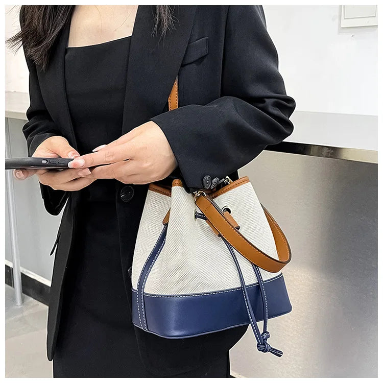 Canvas Bucket Bag Luxury Designer Handbags Women PU Shoulder Bag Fashion Crossbody Daily Commuting Tote Bag