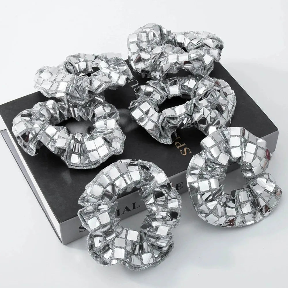 6pcs Square Sequin Sequin Hair Rope Retro Disco Pleated Design Rubber Bands Set Ponytail Holder Super Shiny