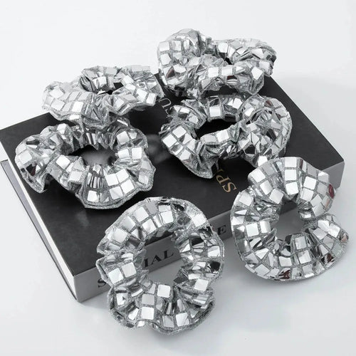 6pcs Square Sequin Sequin Hair Rope Retro Disco Pleated Design Rubber Bands Set Ponytail Holder Super Shiny