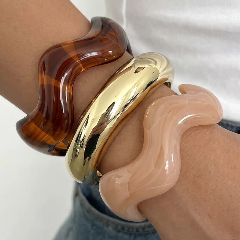 3 Pcs Irregular Wavy Resin Metal Bangle Set For Women Open Cuff Bracelets Bohemian Beach Vacation Stackable Trendy Jewelry Gifts